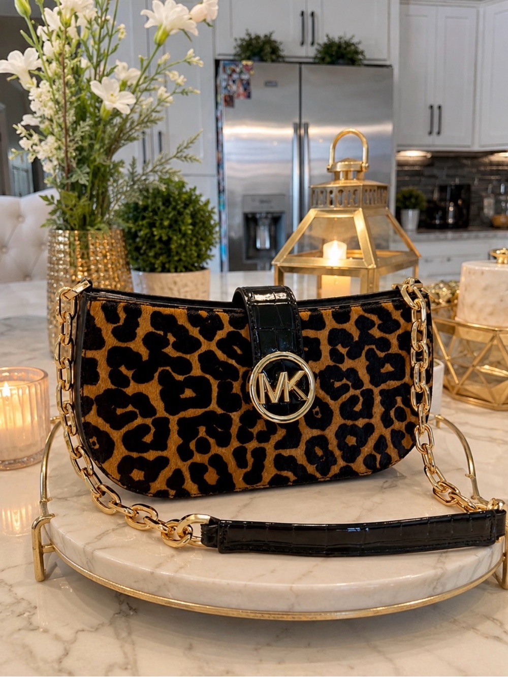 Michael Kors Leopard Print Crossbody with Gold Chain